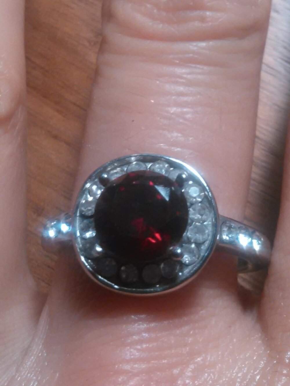 Simulated Ruby and White Crystal Silvertone Ring (Size 9.75)